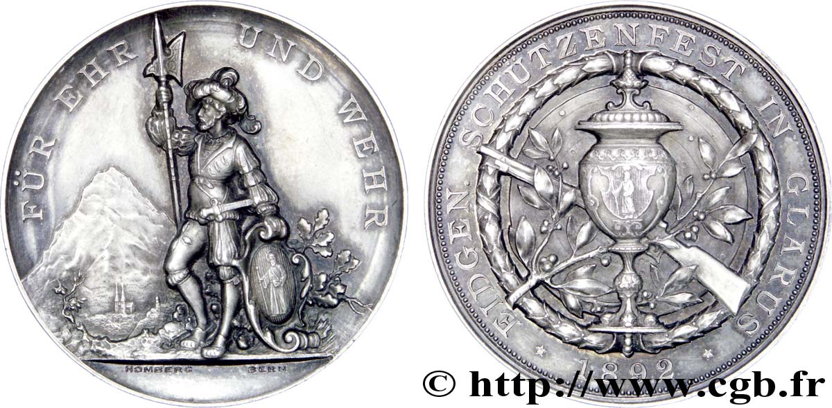 SUISSE - MONNAIES CANTONALES Médaille Canton de Glarus : tir fédéral de 1892 1892  SPL 