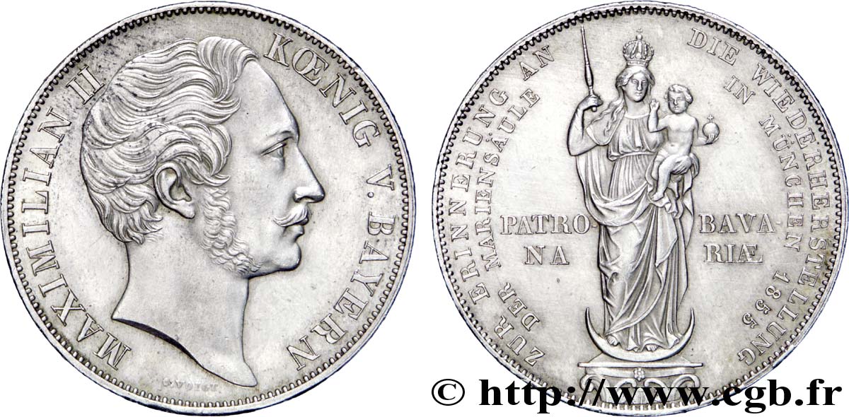 ALLEMAGNE - BAVIÈRE 2 Gulden (Mariengulden) Maximilien II roi de Bavière / Madone patronne de la Bavière 1855  SUP 