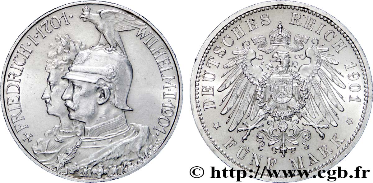 ALLEMAGNE - PRUSSE 5 Mark Guillaume II 200e anniversaire de la Prusse 1901 Berlin SUP 