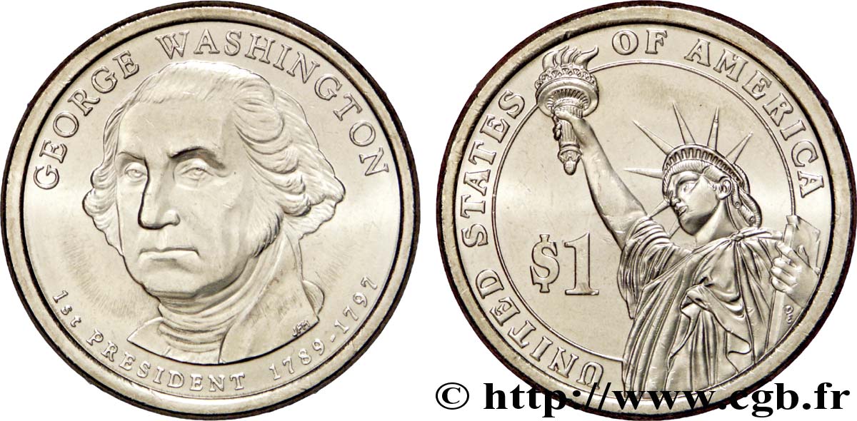 ÉTATS-UNIS D AMÉRIQUE 1 Dollar Présidentiel Georges Washington / statue de la liberté variété à tranche lisse (erreur) 2007  SPL 