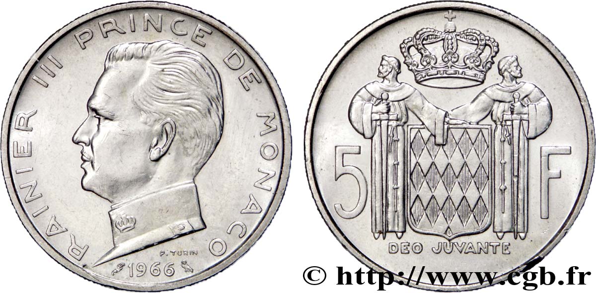 MONACO 5 Francs Prince Rainier III / écu 1966 Paris SUP 