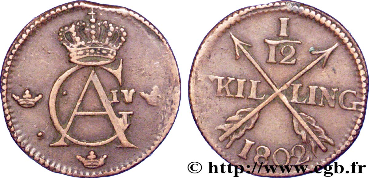 SUÈDE 1/12 Skilling monogramme du roi Gustave IV Adolphe 1802  TTB 