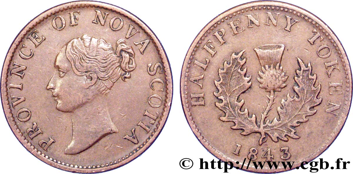 CANADA 1/2 Penny Token Nova Scotia Victoria / chardon 1843  TTB+ 