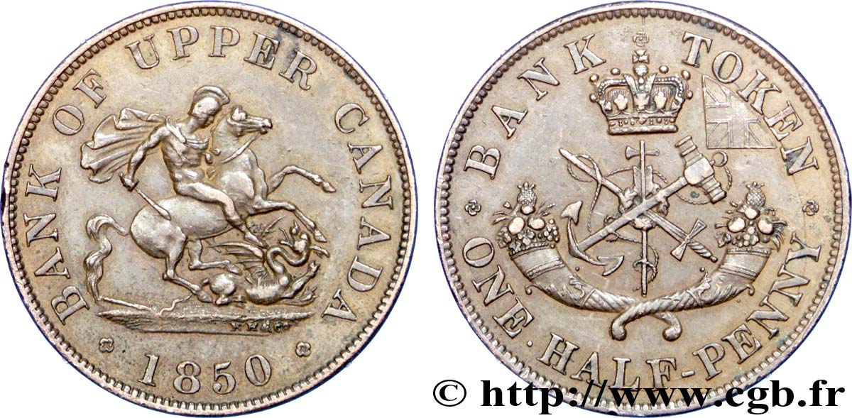 CANADA 1 Penny token Province du Haut Canada St Georges terrassant le dragon 1850 Heaton SUP 