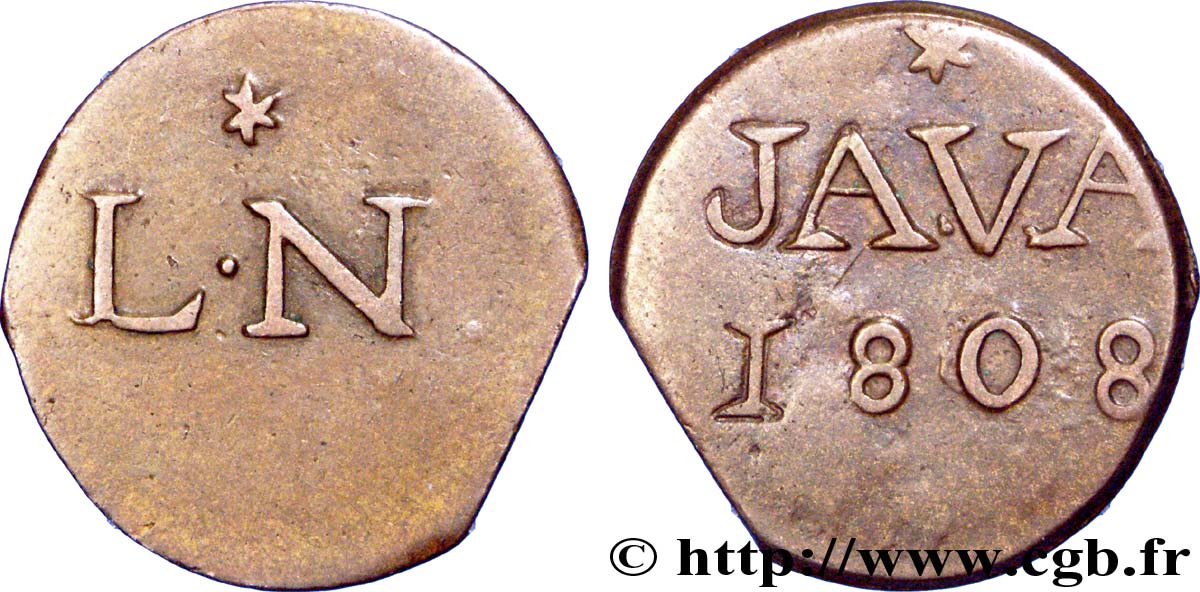 INDES NEERLANDAISES 1 Duit “LN” initiales de Louis Napoléon roi de Hollande et au revers “JAVA” 1808 Harderwijk TTB 
