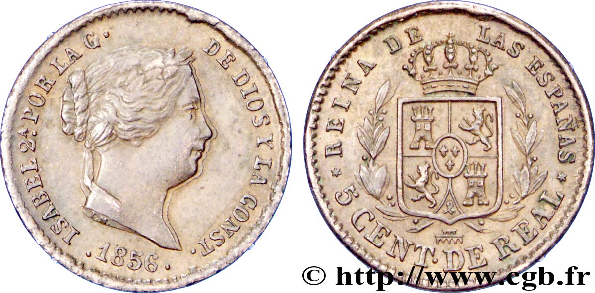 ESPAGNE 5 Centimos de Real Isabelle II / écu couronné 1856 Ségovie TTB+ 