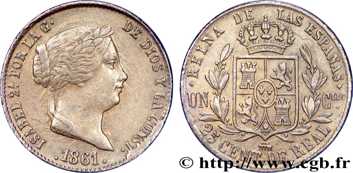 ESPAGNE 25 Centimos de Real (Cuartillo) Isabelle II / écu couronné 1861 Ségovie TTB+ 