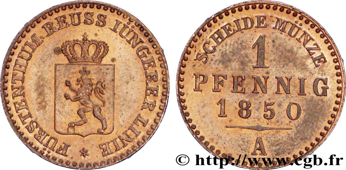 ALLEMAGNE - REUSS 1 Pfennig Principauté de Reuss, blason 1850  SUP 
