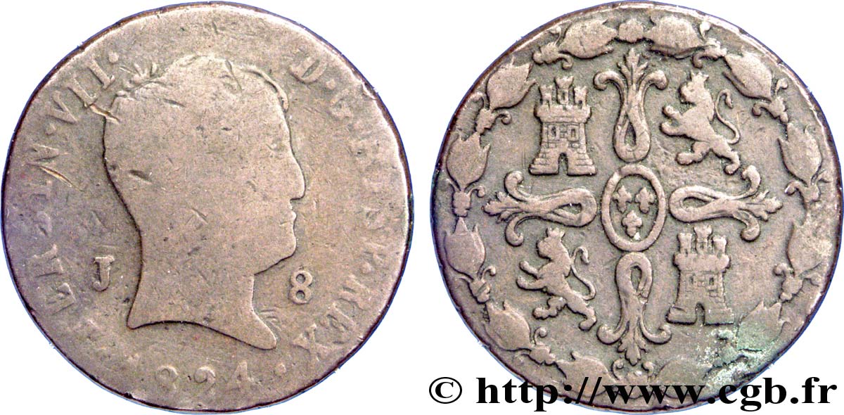 ESPAGNE 8 Maravedis Ferdinand VII 1824 Jubia B+ 