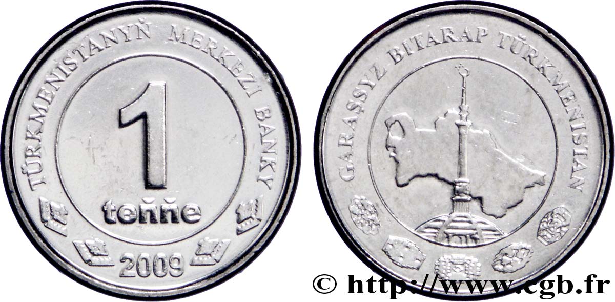 TURKMÉNISTAN 1 Tenge carte du Turkménistan 2009 British Royal Mint SPL 