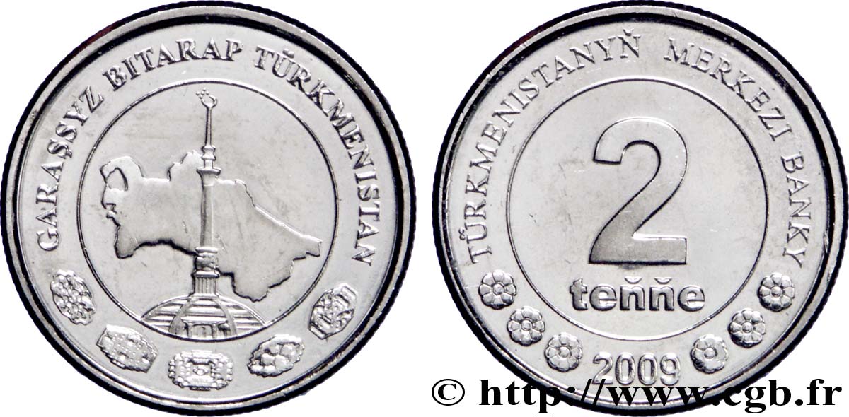 TURKMÉNISTAN 2 Tenge carte du Turkménistan 2009 British Royal Mint SPL 