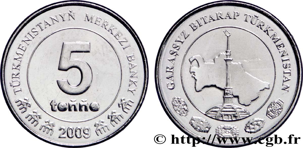 TURKMÉNISTAN 5 Tenge carte du Turkménistan 2009 British Royal Mint SPL 