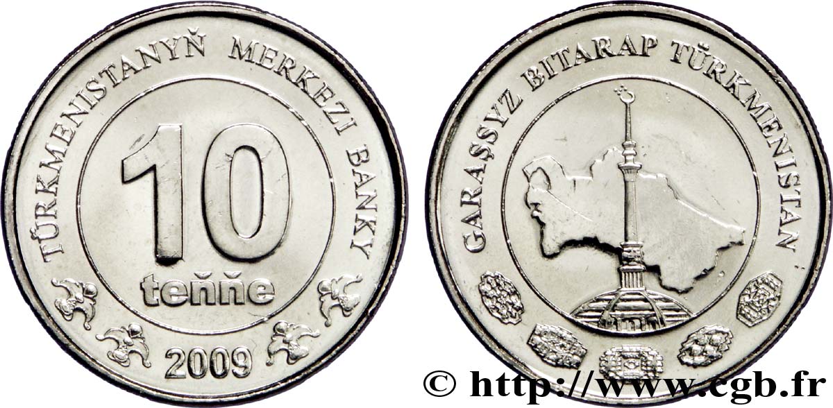 TURKMÉNISTAN 10 Tenge carte du Turkménistan 2009 British Royal Mint SPL 