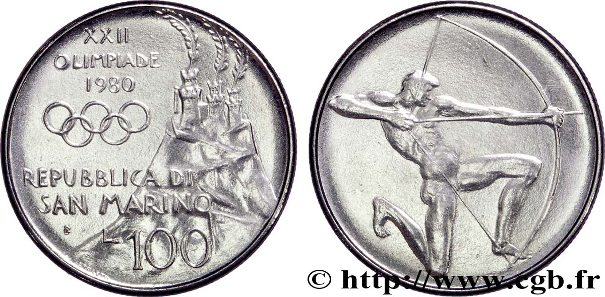 SAINT-MARIN 100 Lire XXIIe Jeux Olympiques : emblème aux 3 tours / archer 1980  SPL 