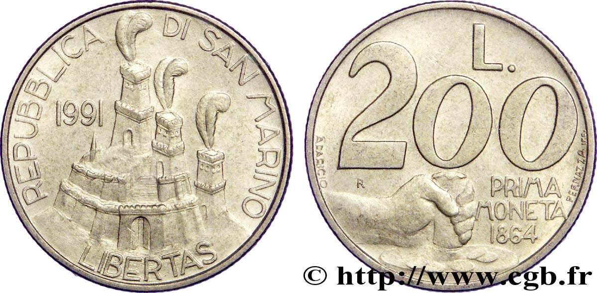 SAINT-MARIN 200 Lire commémoration de la première frappe monétaire en 1864 : vue des 3 chateaux /  frappe d’un coin 1991 Rome - R SUP 