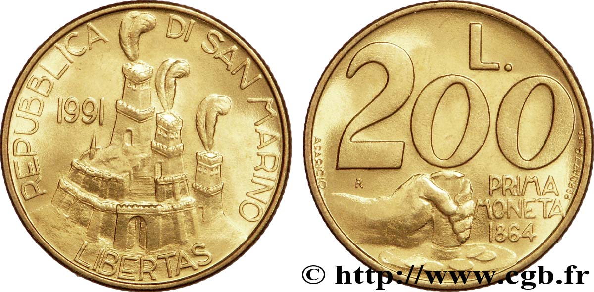 SAINT-MARIN 200 Lire commémoration de la première frappe monétaire en 1864 : vue des 3 chateaux /  frappe d’un coin 1991 Rome - R SPL 