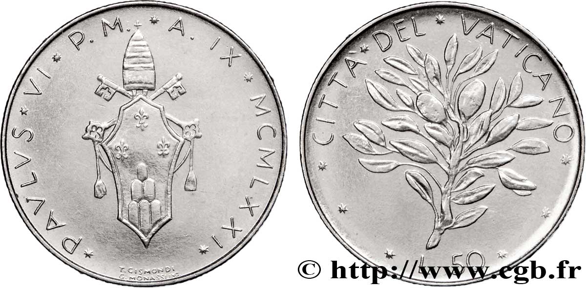 VATICAN AND PAPAL STATES 50 Lire armes au nom de Paul VI an IX / rameau d’olivier 1971 Rome AU 