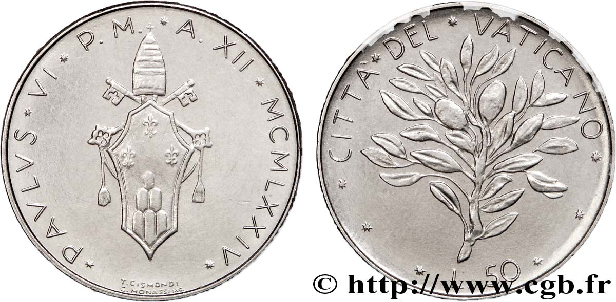 VATICANO Y ESTADOS PONTIFICIOS 50 Lire armes au nom de Paul VI an XII 1974 Rome EBC 