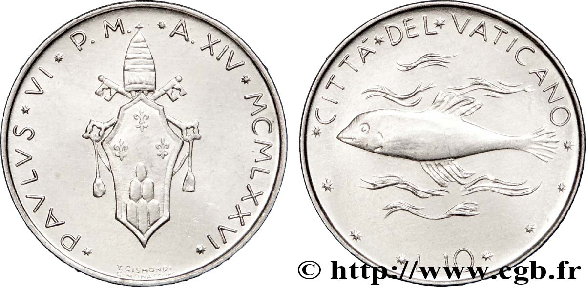 VATICAN ET ÉTATS PONTIFICAUX 10 Lire armes du Vatican, An XIV du pontificat de Paul VI / poisson 1976  SUP 