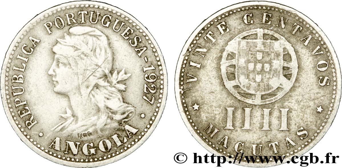 ANGOLA 20 Centavos - IIII Macutas monnayage colonial Portugais 1927  TB+ 