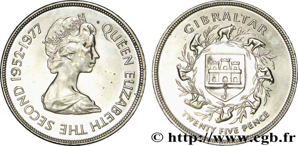 GIBRALTAR 25 Pence Elisabeth II / jubilé d’argent 1977  SUP 