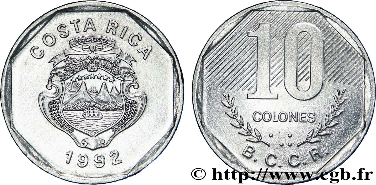 COSTA RICA 10 Colones emblème, émission du Banco Central de Costa Rica (BCCR) 1992 Vereinigte Deutsche Metallwerke SUP 