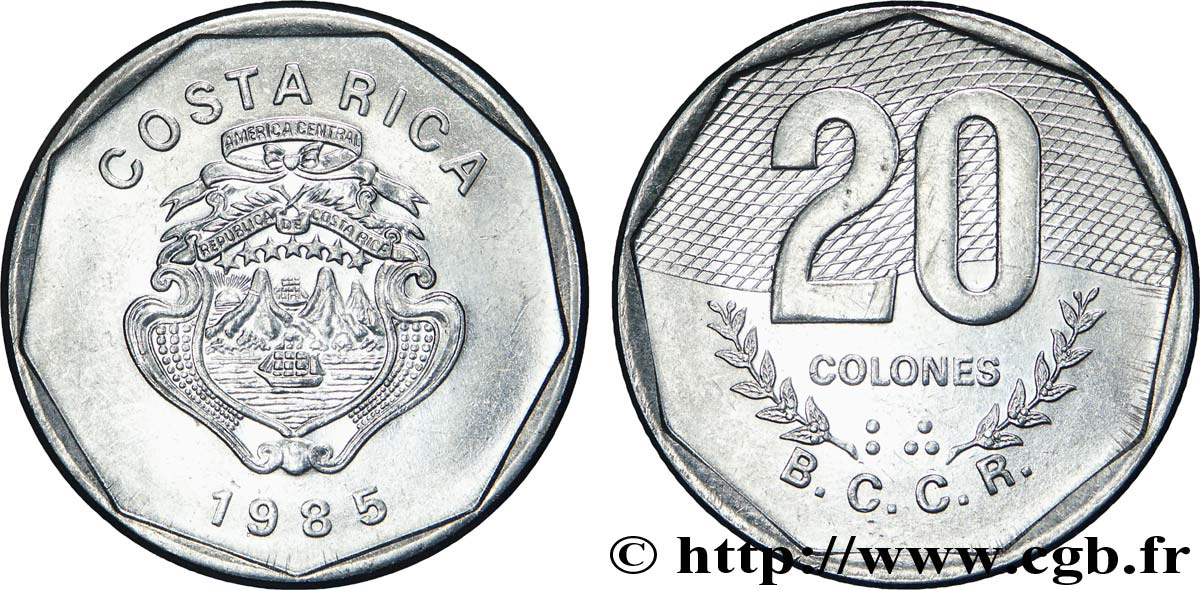 COSTA RICA 20 Colones emblème, émission du Banco Central de Costa Rica (BCCR) 1985  SPL 