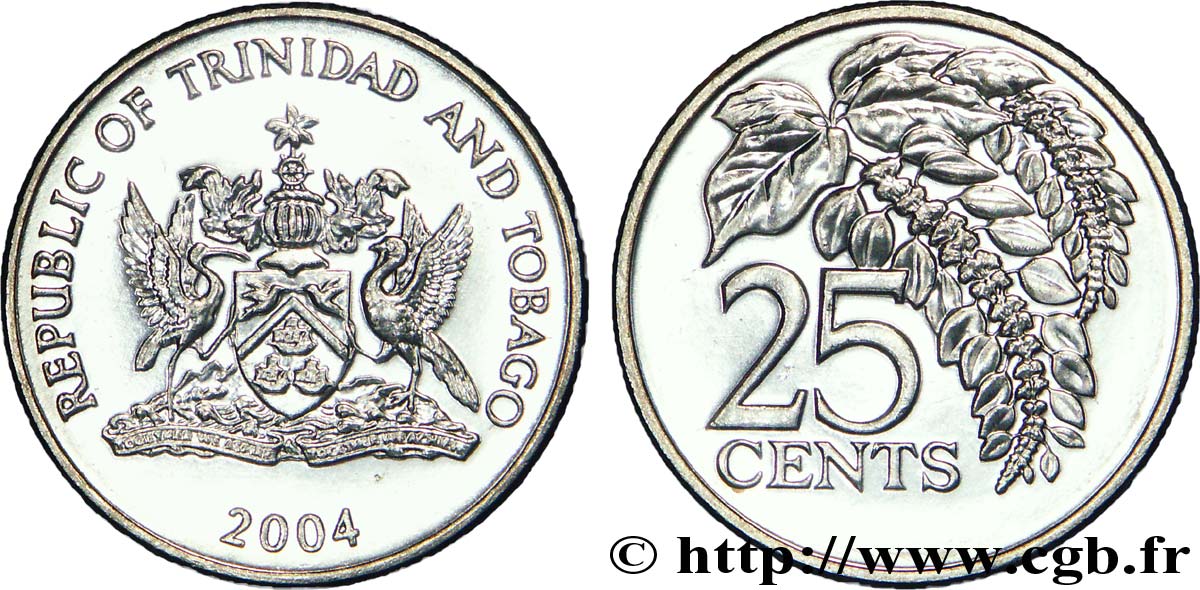 TRINIDAD et TOBAGO 25 Cents emblème / chaconia, fleur emblème de Trinidad 2004  SPL 