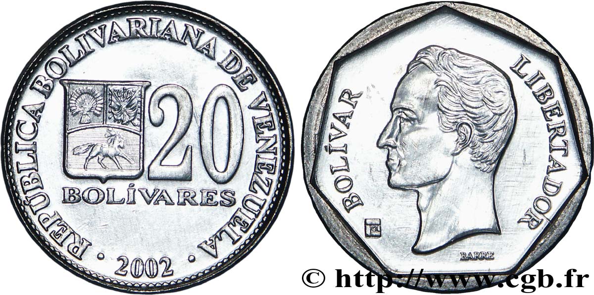 VENEZUELA 20 Bolivares emblème / Bolivar 2002  SPL 
