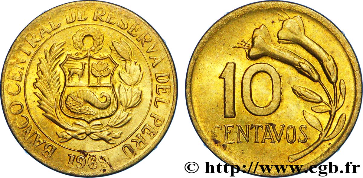 PÉROU 10 Centavos emblème / fleur 1968  SPL 