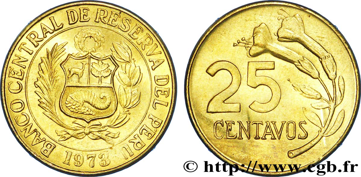 PÉROU 25 Centavos emblème / fleur 1973  SPL 