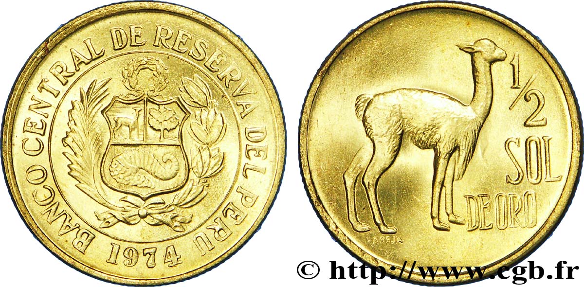 PÉROU 1/2 Sol de Oro emblème / Tupac Amaru 1974 Lima SPL 