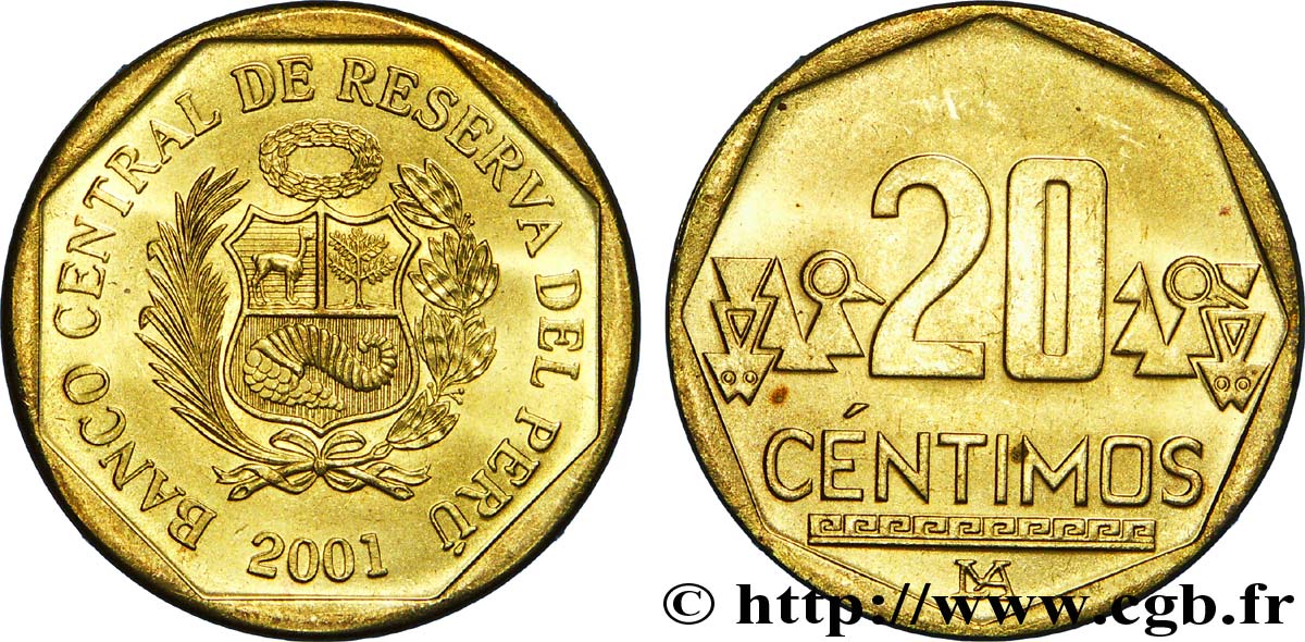 PÉROU 20 Centimos emblème 2001 Lima SPL 