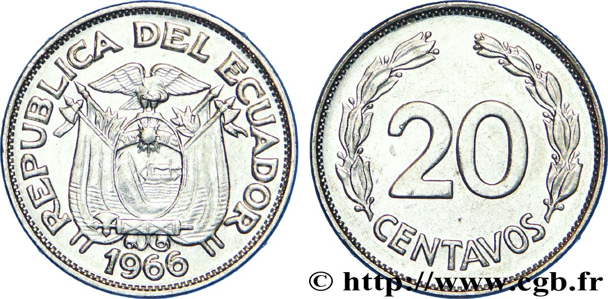ÉQUATEUR 20 Centavos emblème 1966  SPL 