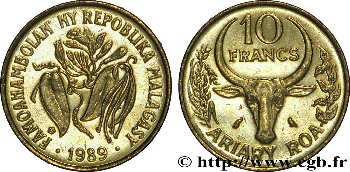 MADAGASCAR 10 Francs - 2 Ariary buffle / fèves 1989 Paris SUP 