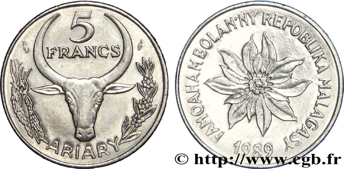 MADAGASCAR 5 Francs - 1 Ariary buffle / fleur 1989 Paris SUP 