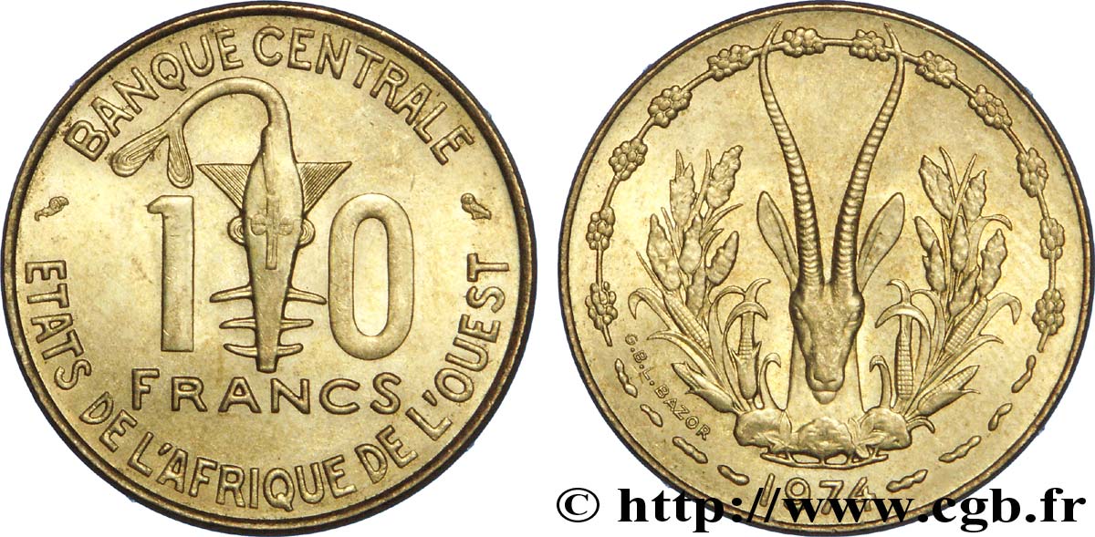 ÉTATS DE L AFRIQUE DE L OUEST (BCEAO) 10 Francs BCEAO masque / antilope 1974 Paris SUP 