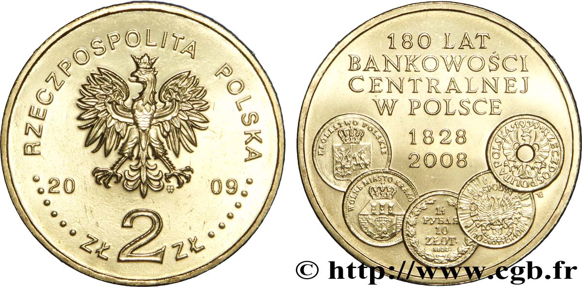 POLOGNE 2 Zlote aigle / 180e anniversaire de la Banque Centrale 1928-2008 2009 Varsovie SPL 