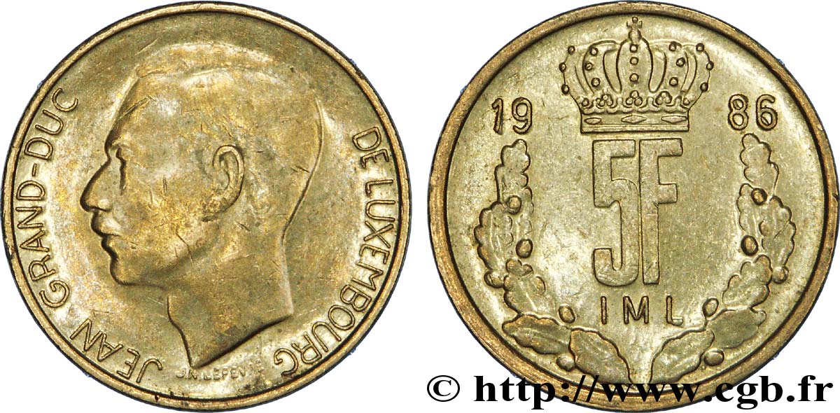 LUXEMBOURG 5 Francs Grand-Duc Jean / 5 F couronné et rameaux 1986  TTB+ 