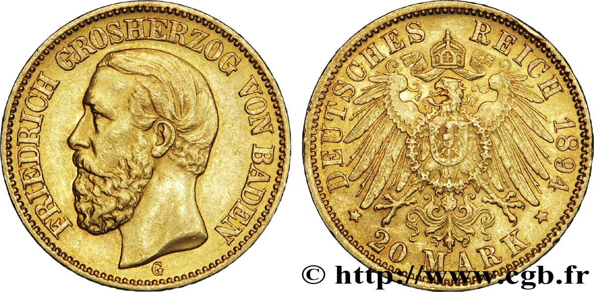 ALLEMAGNE - BADE 20 Mark or Grand-duché de Bade, Frédéric, Grand-Duc de Bade / aigle impérial 1894 Karlsruhe - G SUP 