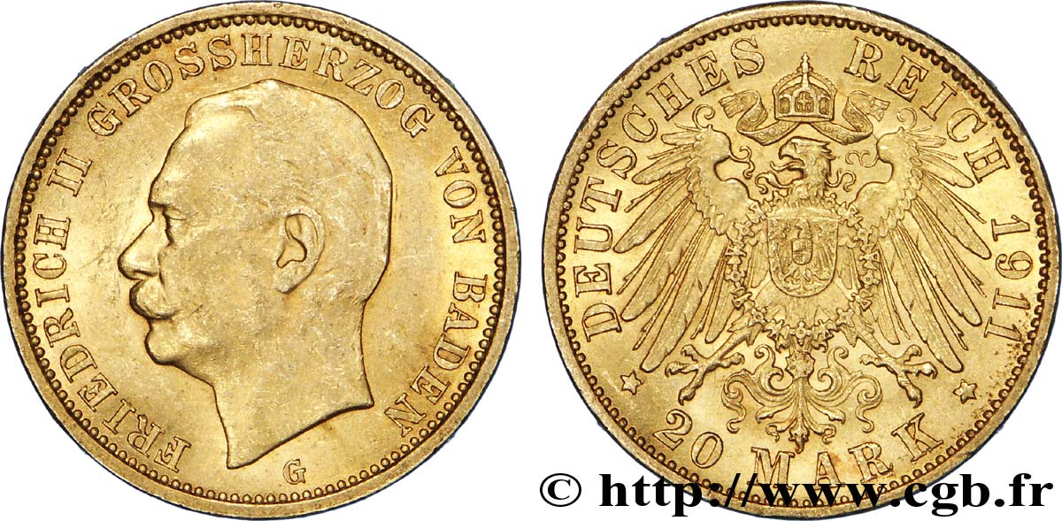 ALLEMAGNE - BADE 20 Mark or Grand-duché de Bade, Frédéric II, Grand-Duc de Bade / aigle impérial 1911 Karlsruhe - G SUP 