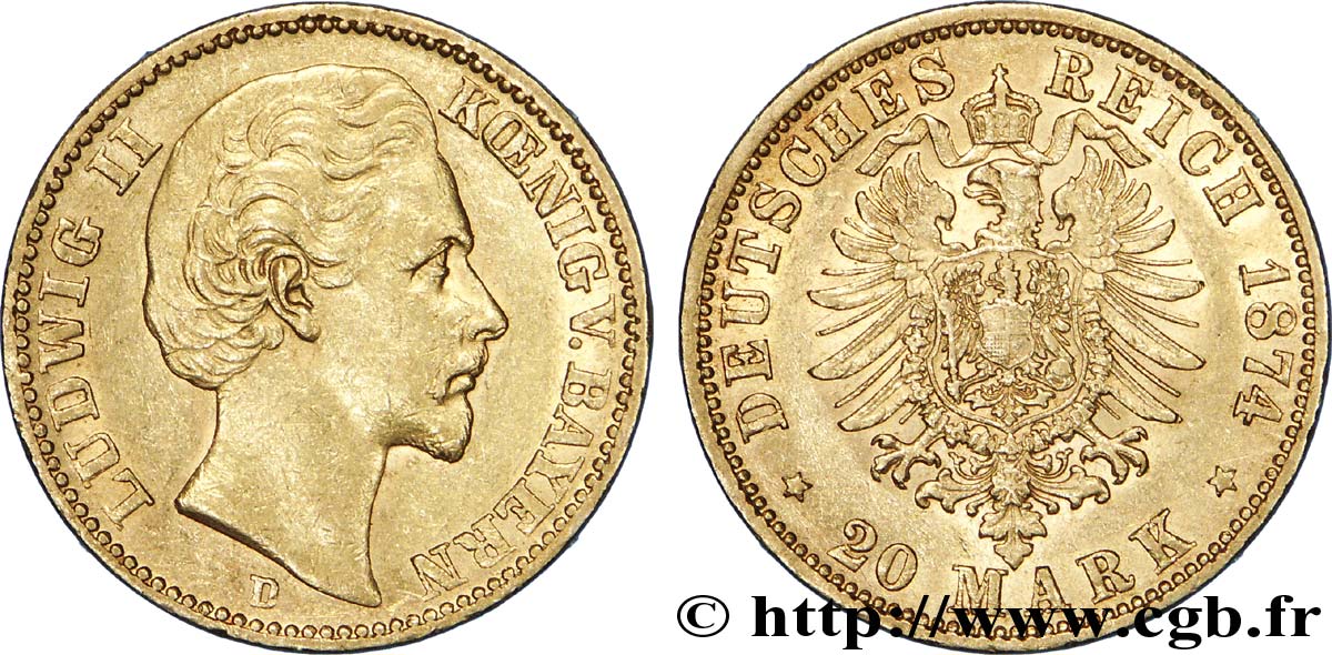 ALLEMAGNE - BAVIÈRE 20 Mark Louis II / aigle 1874 Munich - D SUP 