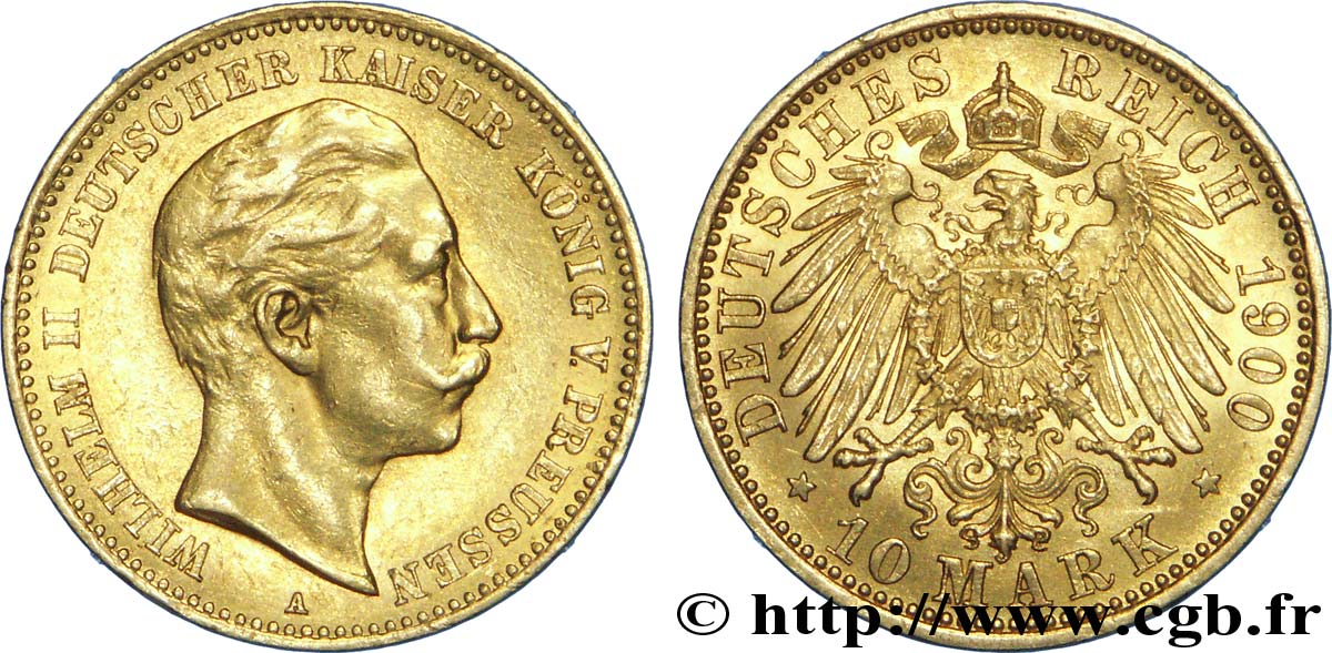 ALLEMAGNE - PRUSSE 10 Mark or, 2e type Guillaume II / aigle impérial 1900 Berlin SUP 