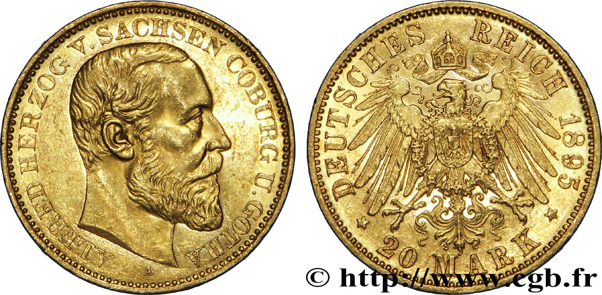 ALLEMAGNE - SAXE-COBOURG ET GOTHA 20 Mark or Alfred duc de Saxe Cobourg et Gotha / aigle impérial 1895 Berlin SUP 
