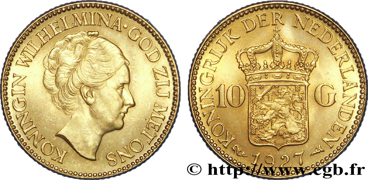 PAYS-BAS 10 Guldens or ou 10 Florins Wilhelmine / écu couronné 1927 Utrecht SPL 