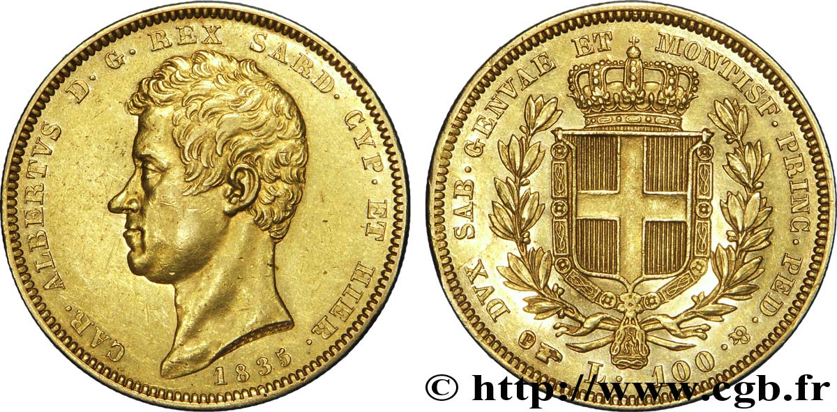 ITALIE - ROYAUME DE SARDAIGNE 100 Lire or Charles-Albert roi de Sardaigne / écu de Savoie 1835 Turin SUP 