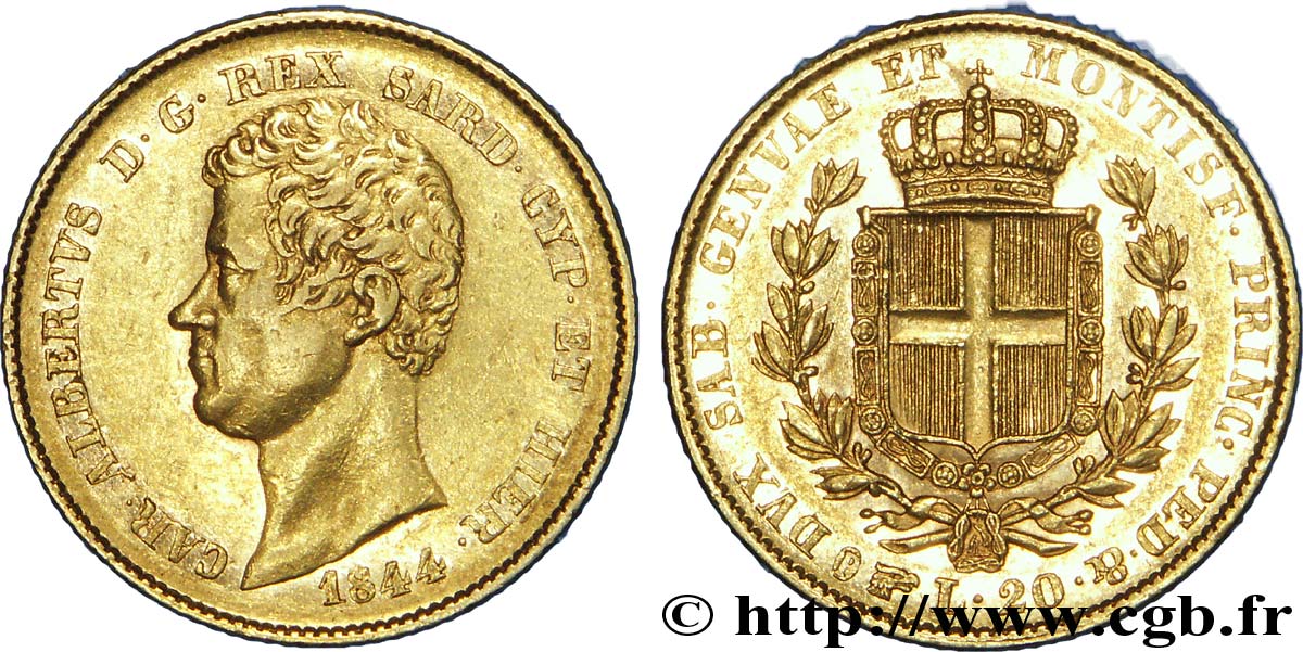 ITALIE - ROYAUME DE SARDAIGNE 20 Lire or Charles-Albert roi de Sardaigne / écu de Savoie 1844 Turin TTB+ 