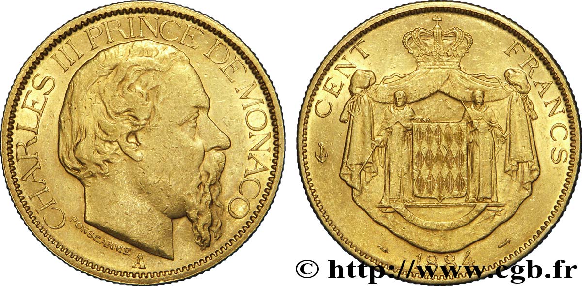 MONACO 100 Francs or Charles III / écu couronné 1884 Paris TTB+ 