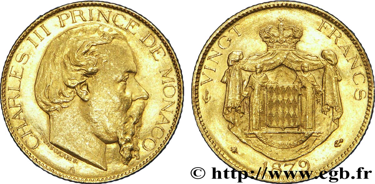 MONACO 20 Francs or, Charles III / écu couronné, ancre non barrée 1879 Paris SPL 