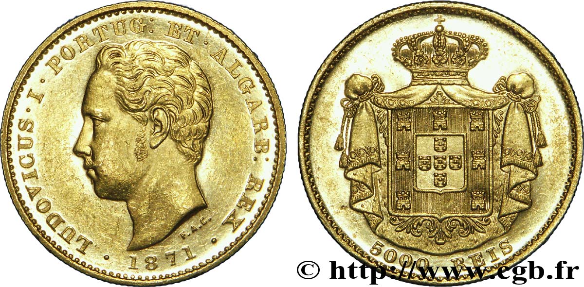PORTUGAL 5000 Reis ou Demi-couronne d or (1/2 coroa) Louis Ier 1871 Lisbonne SUP 